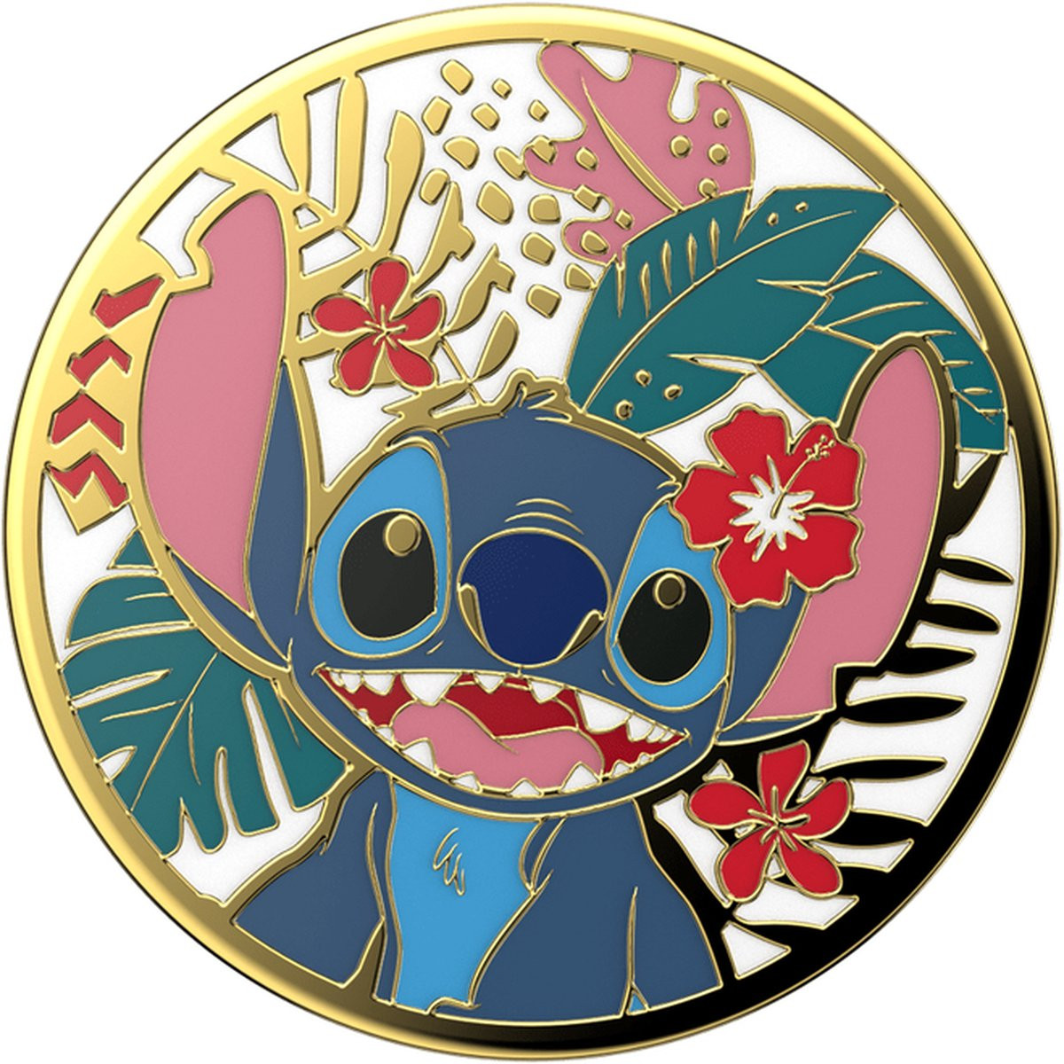 Stitch-pin met een gouden rand. Toont Stitch met bloemen en bladeren.