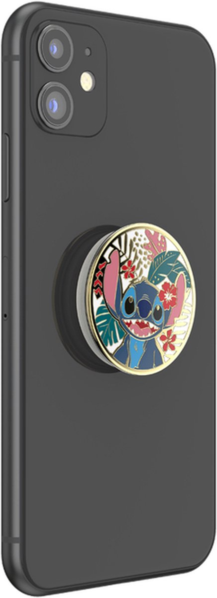 Een zwarte iPhone met een Stitch PopSocket bevestigd, met een kleurrijk Stitch-ontwerp tegen een witte achtergrond.