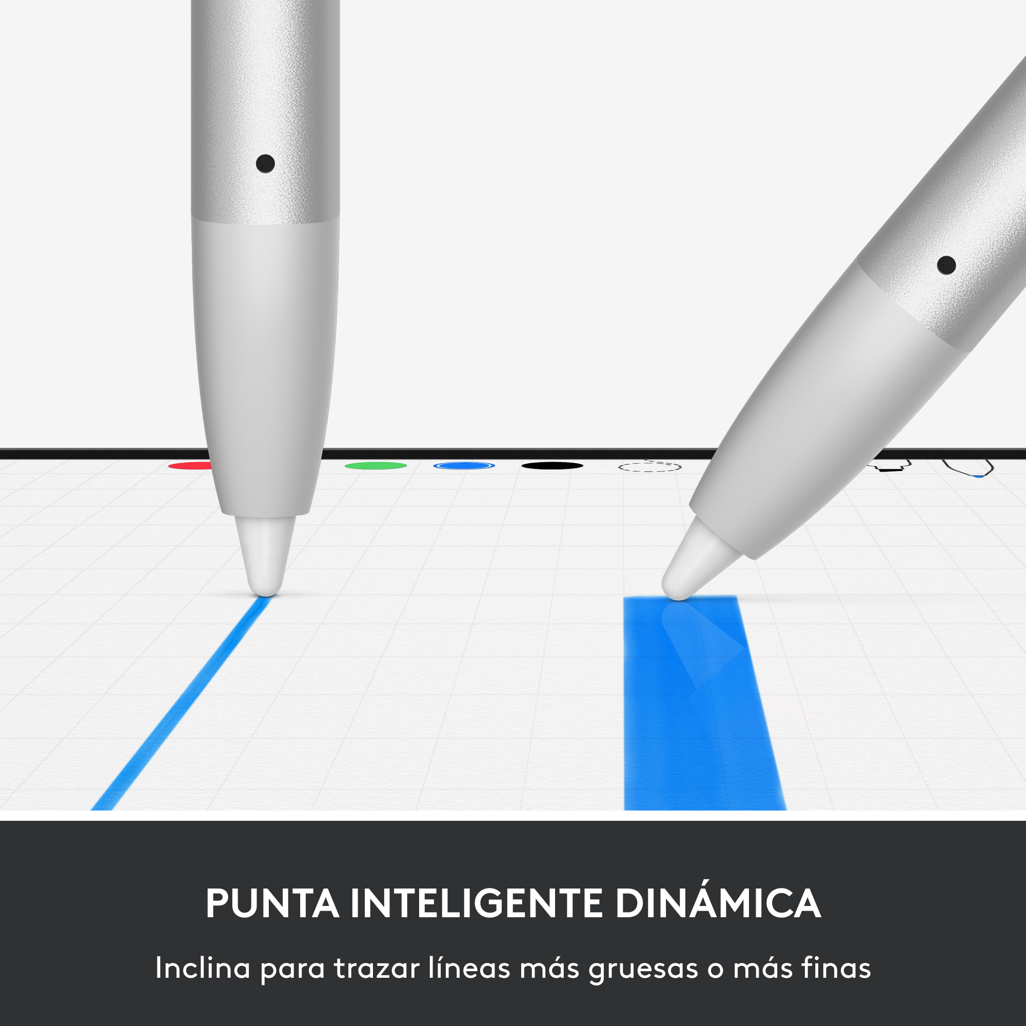 Dos lápices plateados en una cuadrícula blanca, uno dibuja una línea azul, el otro un rectángulo azul.