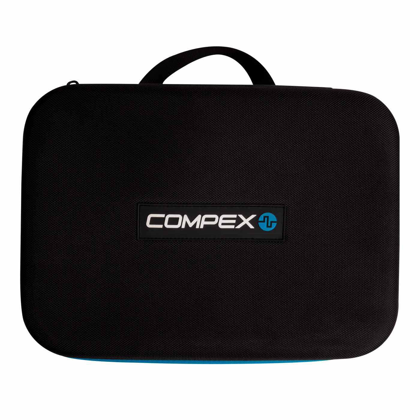 Schwarze Compex-Tasche mit weißem Logo und blauer Umrandung. Schwarzer Hintergrund.