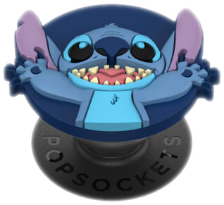 Un support de téléphone PopSockets Stitch, bleu et rose, avec une base noire, sur fond blanc.