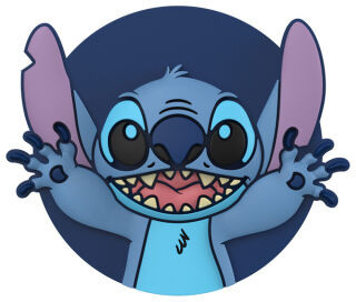 Stitch, un extraterrestre bleu avec de grandes oreilles, la bouche ouverte et des griffes, est centré sur un cercle bleu foncé.