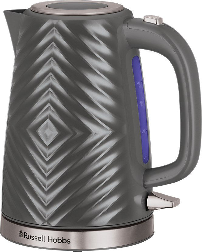 Egy szürke Russell Hobbs elektromos vízforraló texturált dizájnnal és kék vízszintjelzővel.