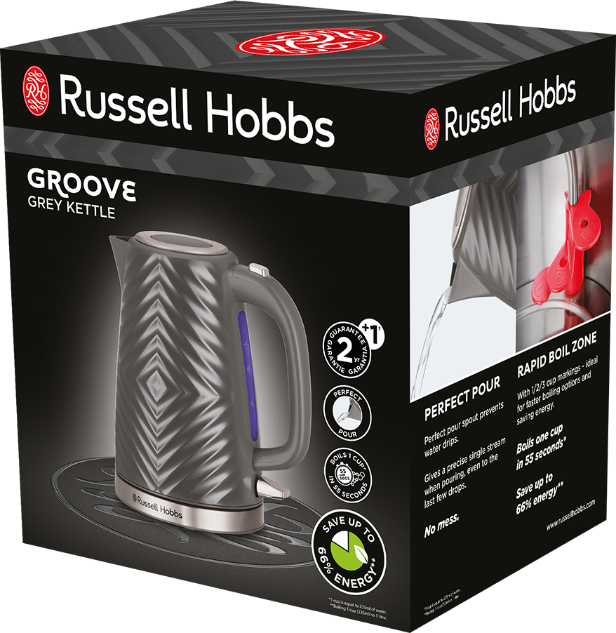 Russell Hobbs szürke vízforraló doboz szöveggel és a vízforraló képével.