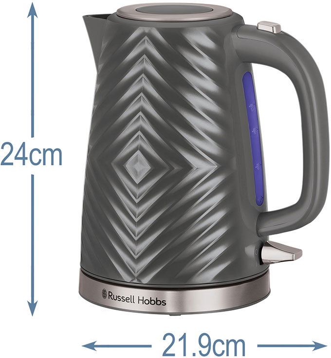 Szürke vízforraló texturált dizájnnal. Méretek: 24cm magas, 21,9cm széles. Russell Hobbs logó.