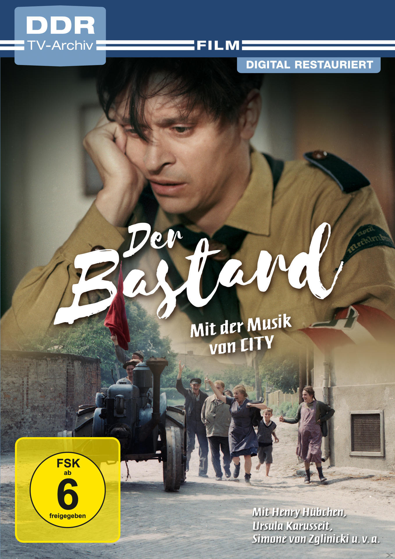 DVD-Cover 'Der Bastard'. Mann wirkt besorgt, Menschen im Hintergrund, rote Fahne.