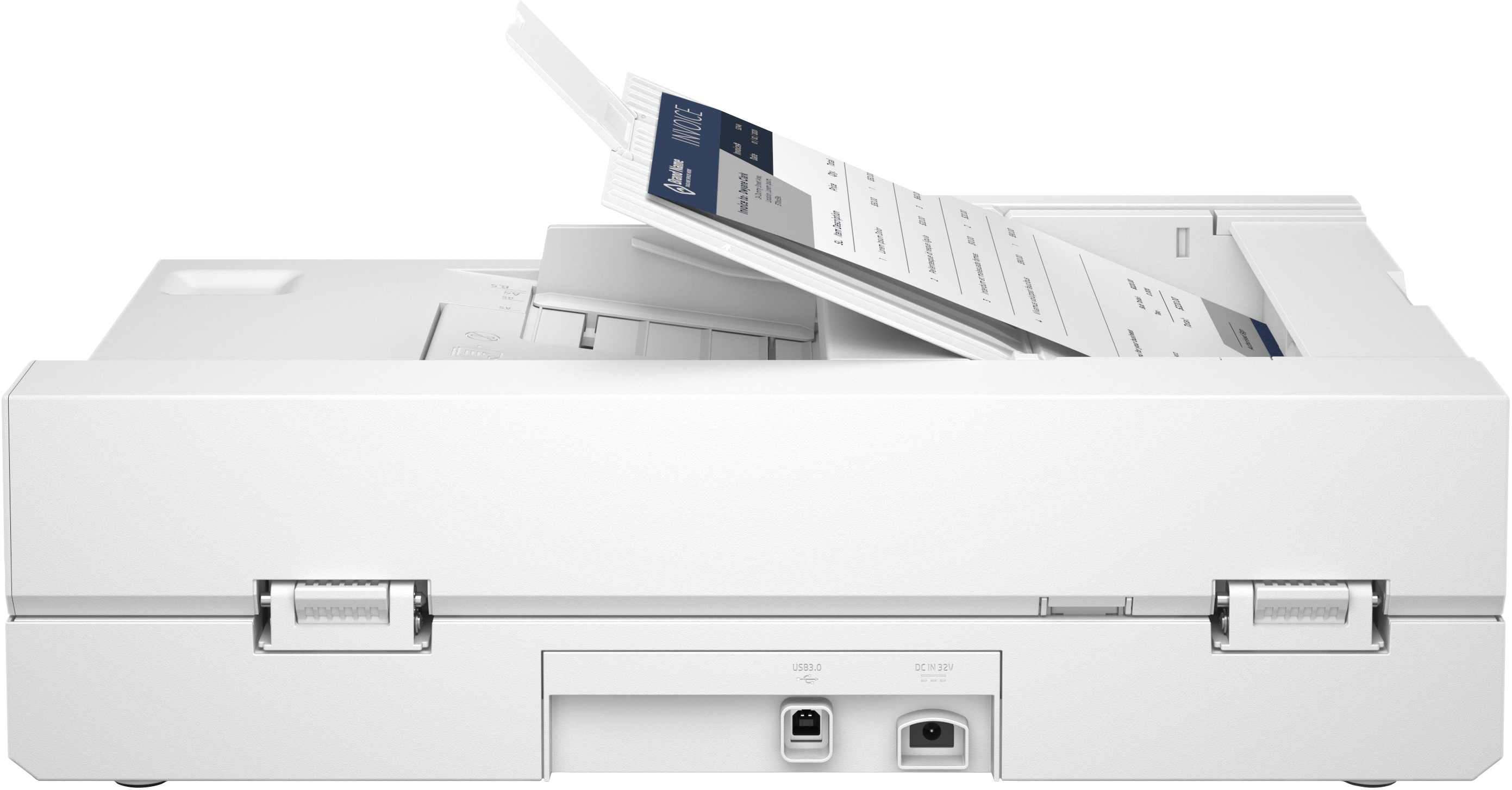 Weißer Scanner mit geöffneter Papierrechnung. USB- und Stromanschlüsse sind sichtbar.