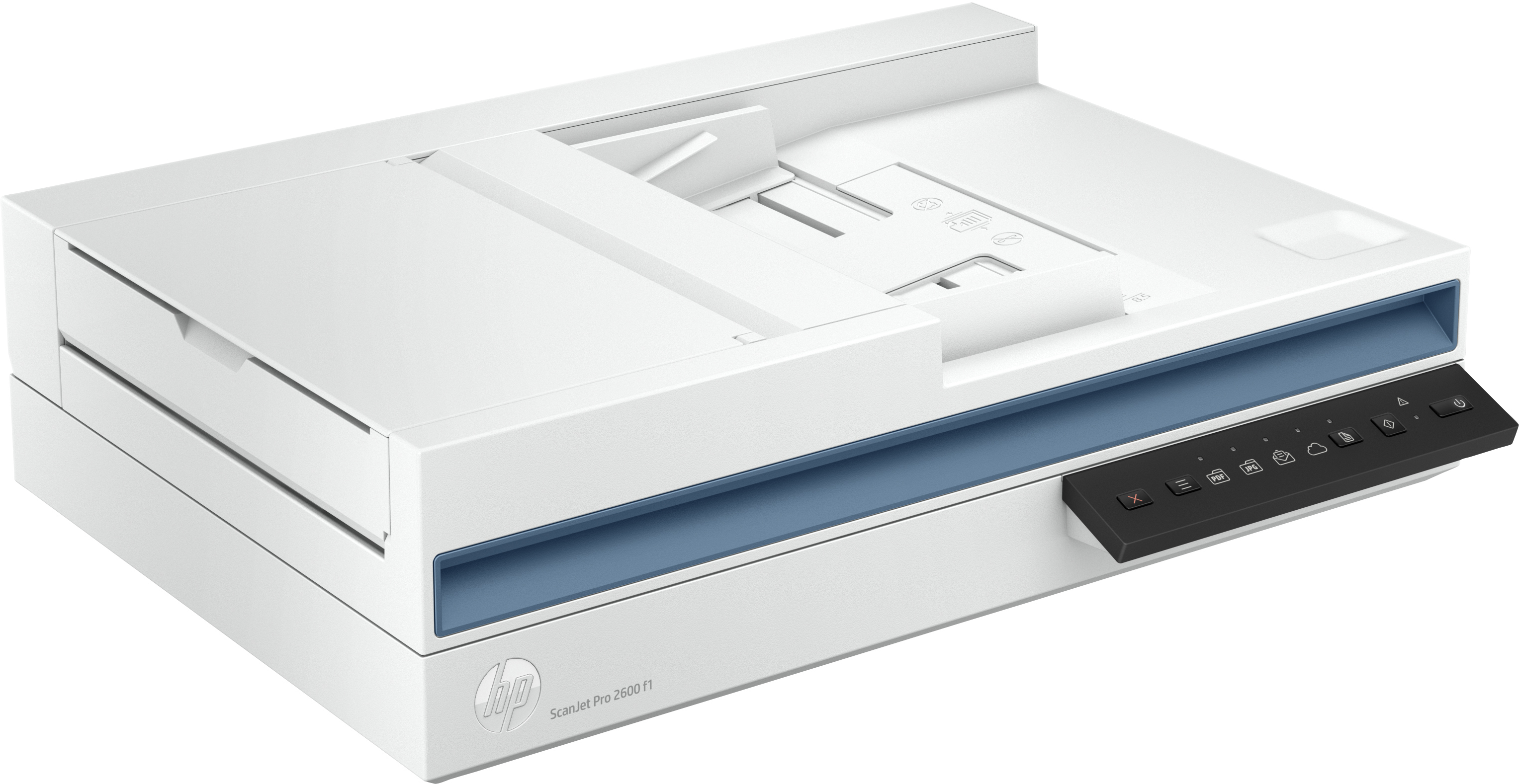 Weiß-blauer Scanner. Er hat ein schwarzes Bedienfeld und ein Flachbett-Design.