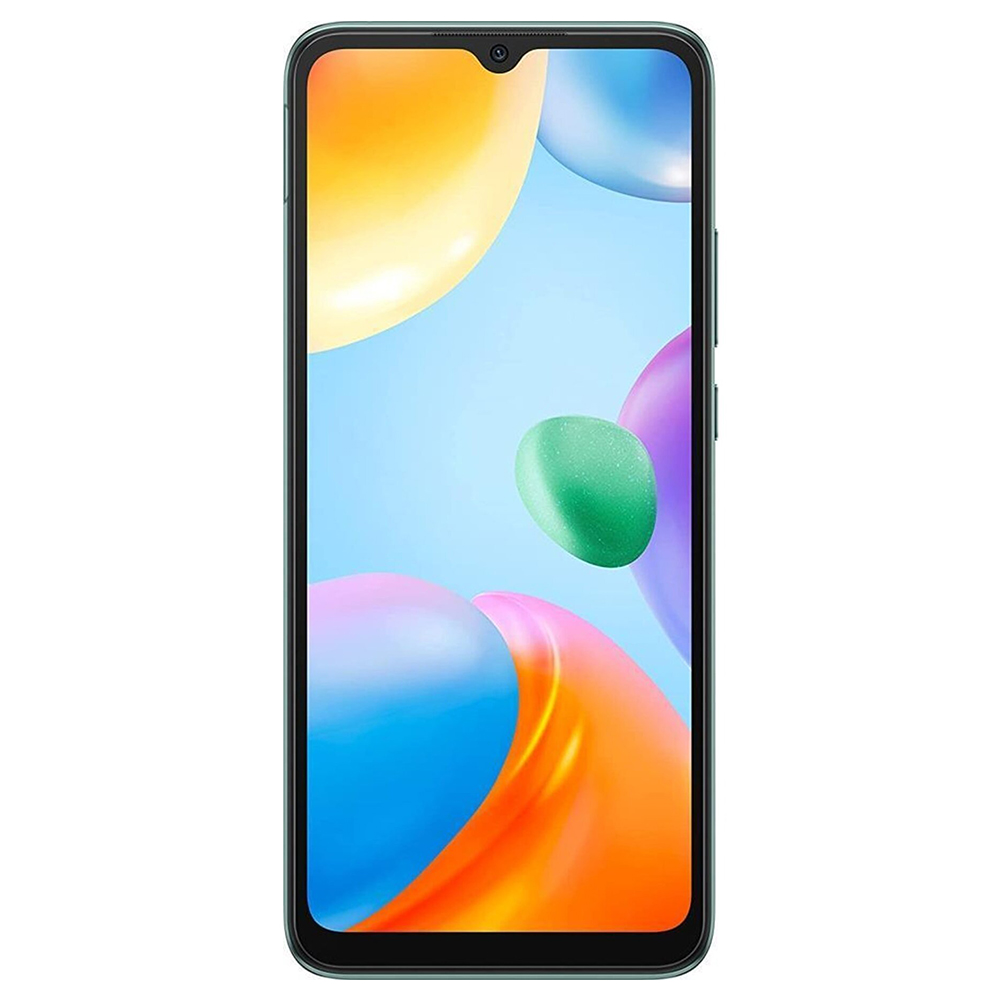 Ekranında renkli bir arka plan bulunan yeşil bir akıllı telefon. Önden görünüm.