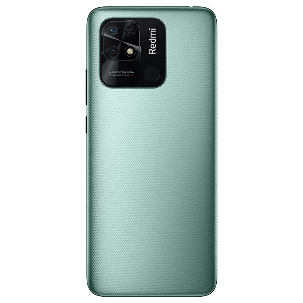Üçlü kamera, flaş ve Redmi logosu bulunan yeşil Redmi telefon arkası.