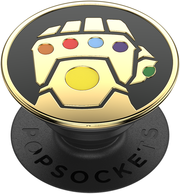 Gouden Thanos PopSockets met Infinity Gauntlet-ontwerp, gekleurde edelstenen, op zwarte basis.