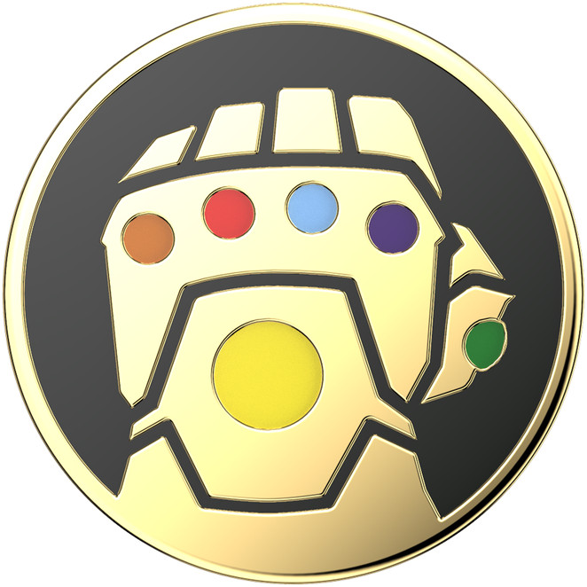 Cirkelvormige gouden pin van de Infinity Gauntlet met de zes infinity stenen, zwarte omtrek.