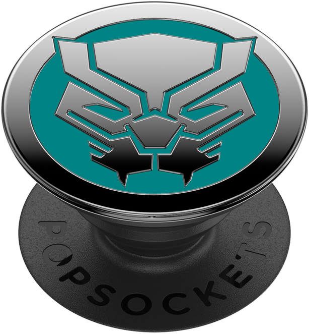 Een zwarte PopSocket met het Black Panther-logo in zilver en blauwgroen, op een witte achtergrond.