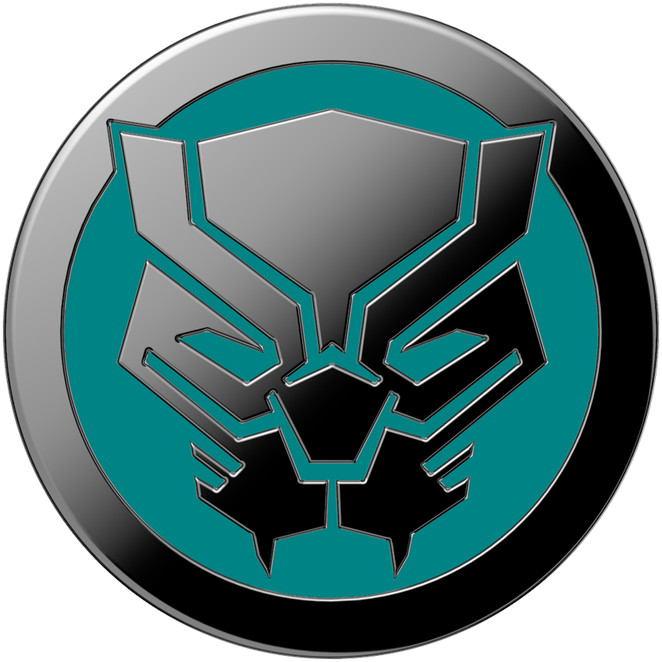 Black Panther-logo op een teal en zilveren achtergrond. Ronde vorm.