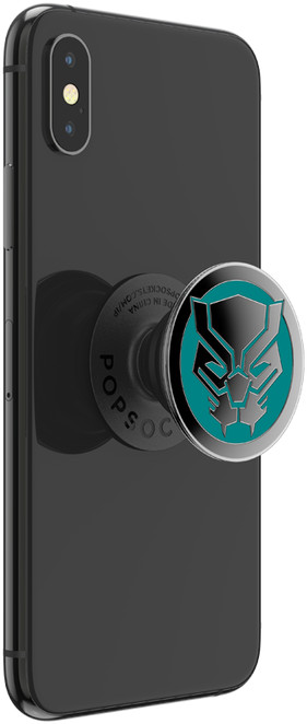 Zwarte telefoon met Black Panther PopSocket. PopSocket is zwart met een teal en zilveren panterlogo.