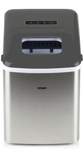 A stainless steel ice maker with a gray top and a small window. The brand 'DOMO' is on the front.