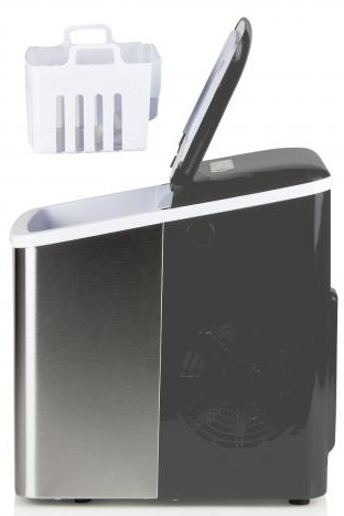 Ice maker, black and gray, with lid open. A white container sits above. Side view.