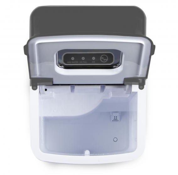Top view of an ice maker. Lid is open, showing the ice tray and control panel.