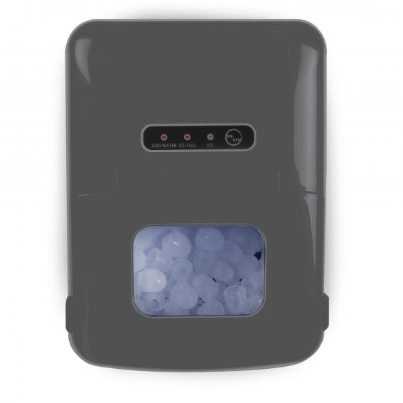Top view of a gray ice maker with ice. It shows 'Add Water', 'Ice Full', and 'Ice' indicators.