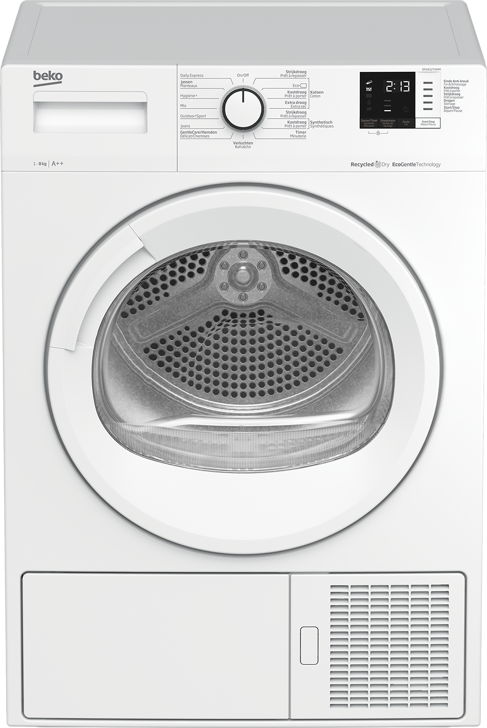 Witte Beko droger met bedieningspaneel, digitaal display en deur, vooraanzicht.