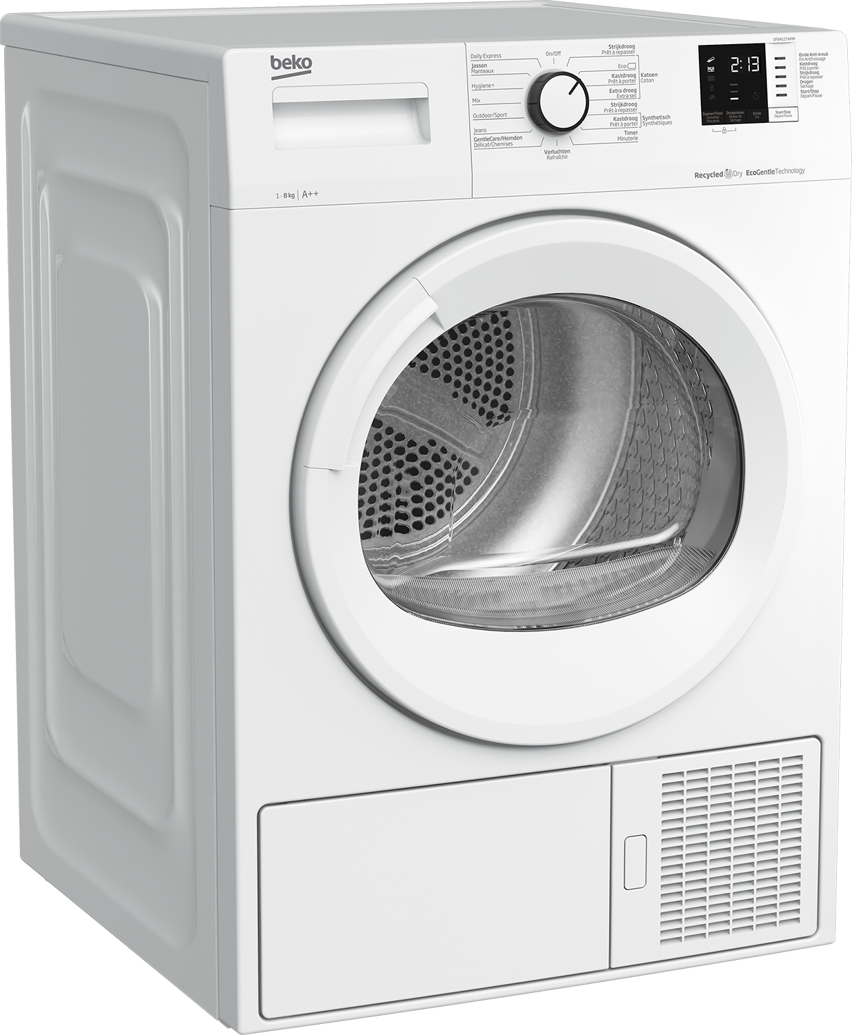 Witte Beko droger, vooraanzicht, deur gesloten.