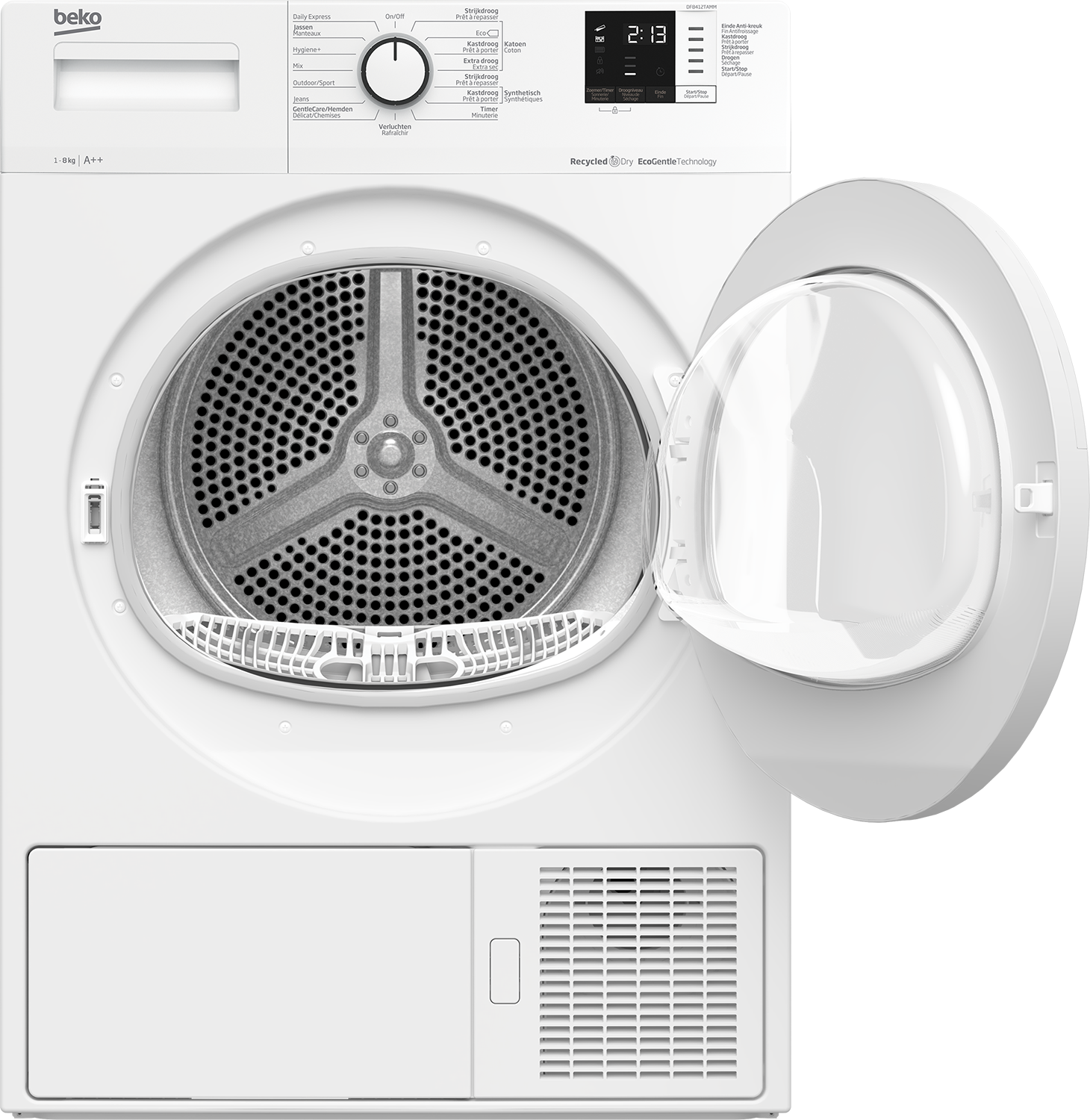 Witte Beko-droger met open deur.