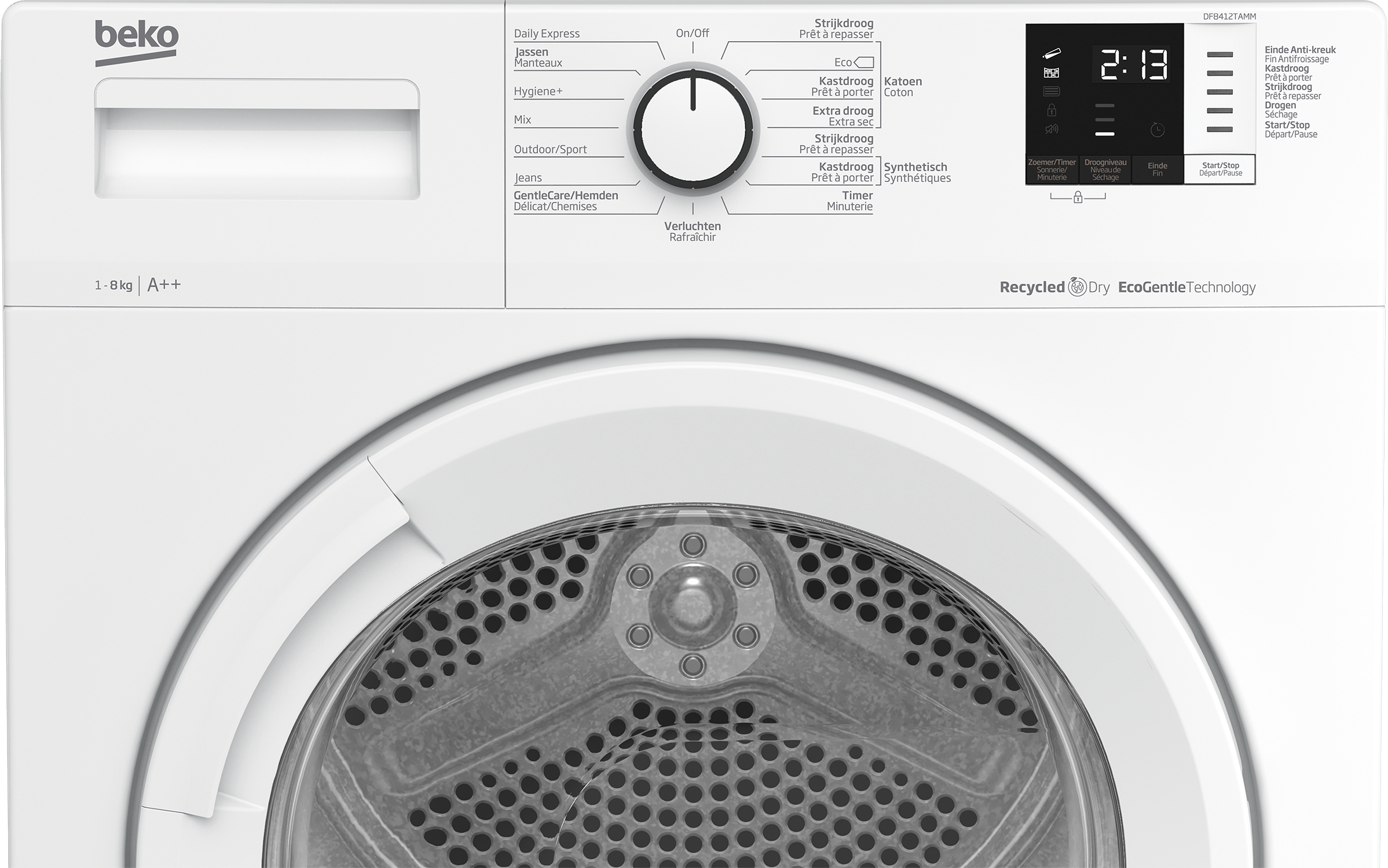 Witte Beko-droger, met een draaiknop, knoppen en een digitaal display.