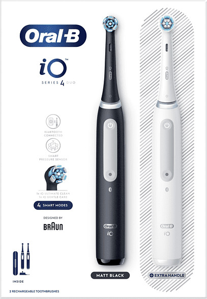 Brosses à dents électriques noires et blanches avec détails du produit.
