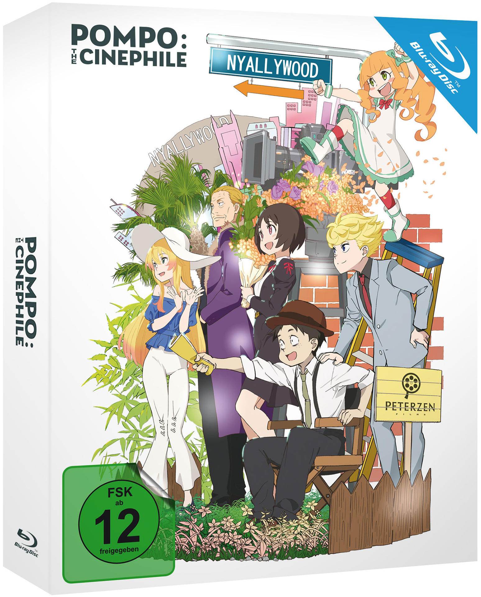 Blu-ray-Disc-Box-Art für 'Pompo: The Cinephile'. Buntes Anime-Artwork.