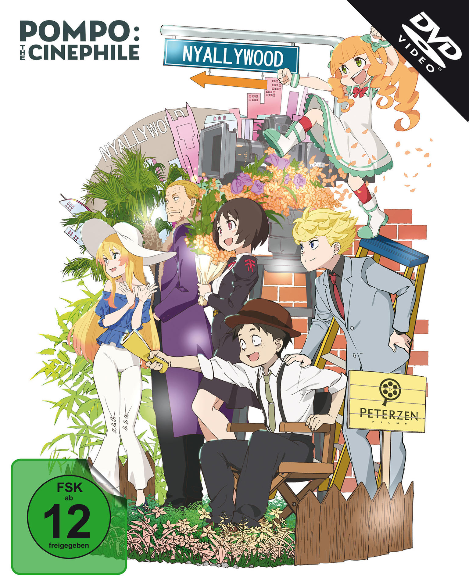 Anime-DVD-Cover mit Zeichentrickfiguren in einer Stadt mit einem Schild mit der Aufschrift Nyallywood.