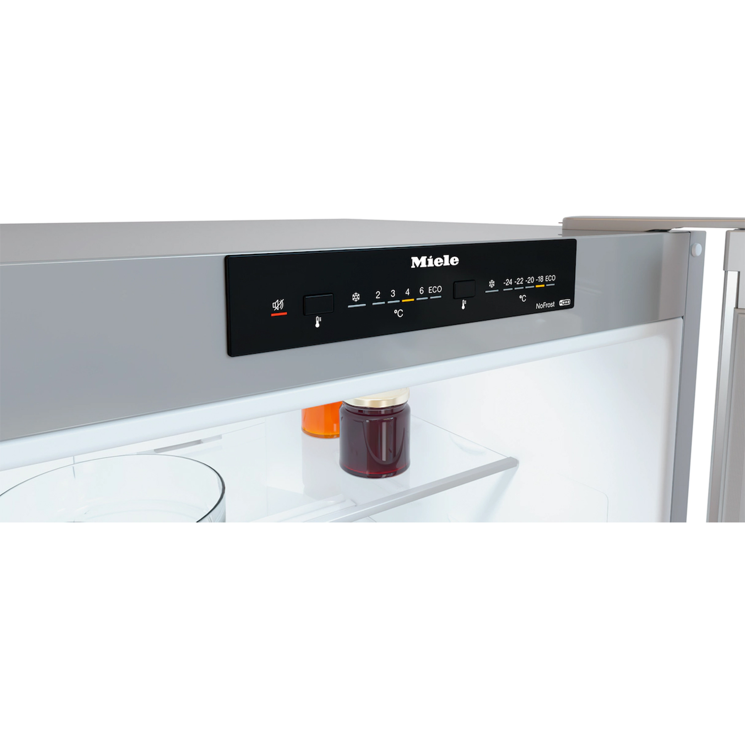 Pannello di controllo del frigorifero Miele, nero, con display.