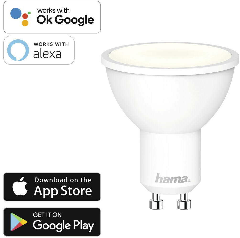 Fehér okos LED izzó App Store és Alexa/Google logókkal.