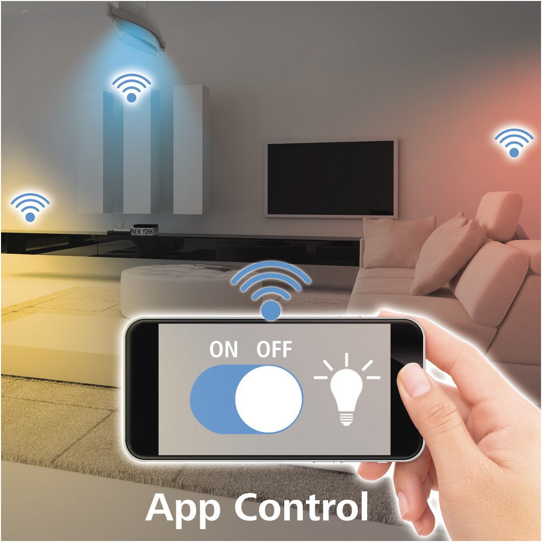 Kéz telefonnal, app vezérléssel, WiFi ikonokkal, modern nappali.
