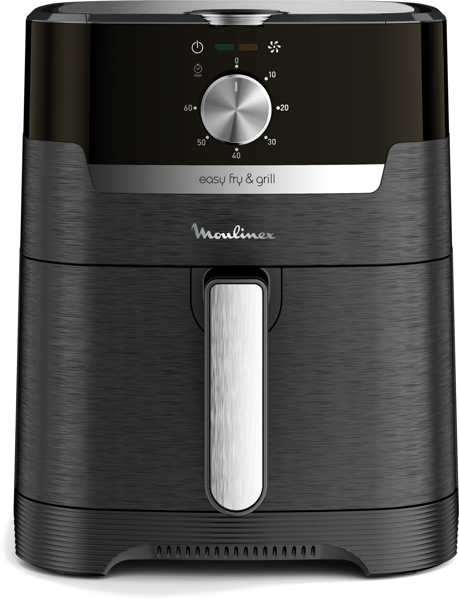 Friteuse à air Moulinex noire avec poignée argentée et panneau de commande sur le dessus.