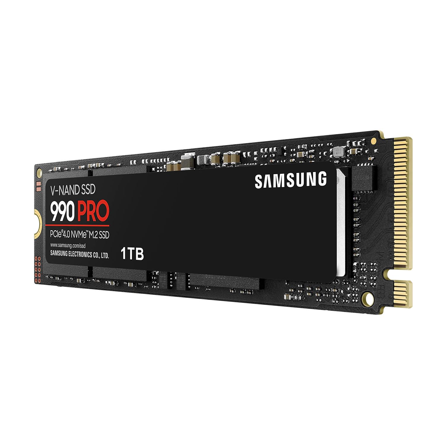 SSD NVMe Samsung 990 PRO 1TB nero, con dettagli dell'etichetta, su sfondo bianco, angolato per la vista.
