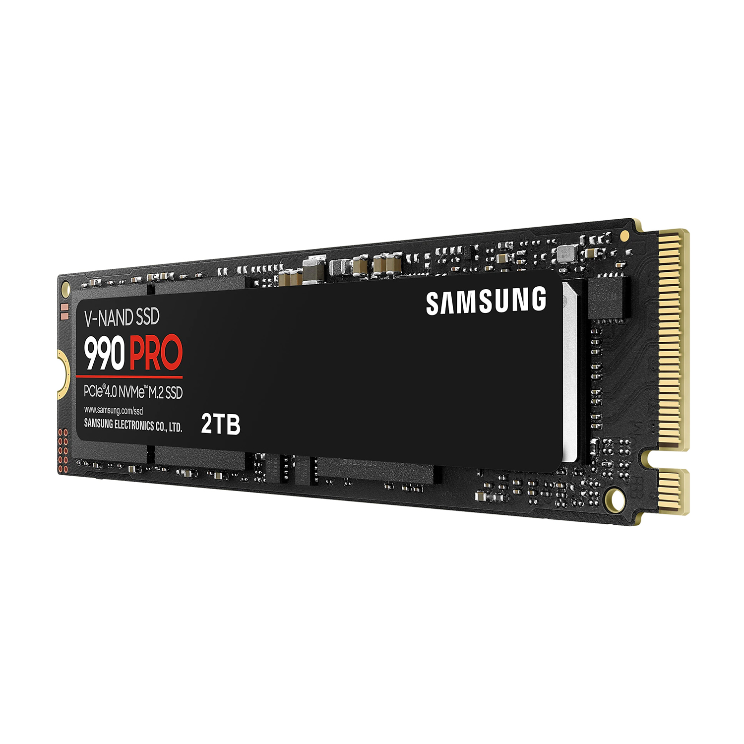 SSD Samsung 990 Pro nero su sfondo bianco, con informazioni sul prodotto.