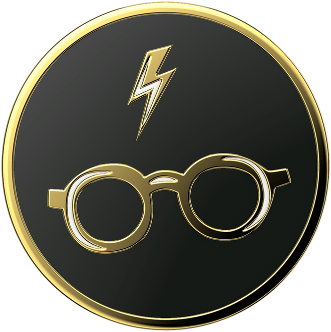 Een goudomrande zwarte cirkel met Harry Potters bril en bliksemschicht.