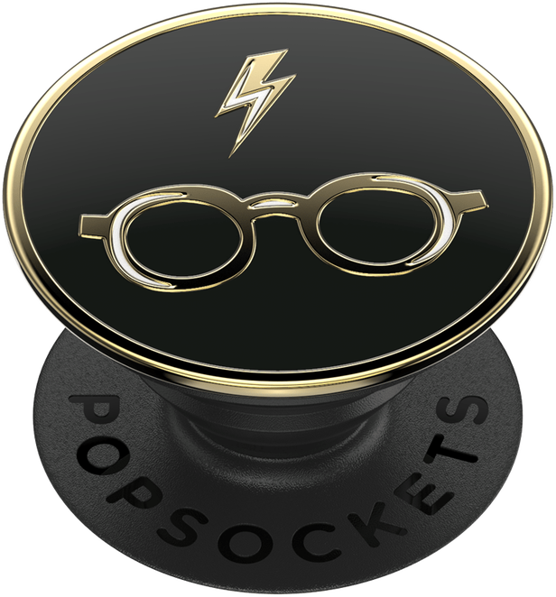 Zwarte PopSockets met gouden rand, Harry Potter-bril en bliksemschichtsymbool.