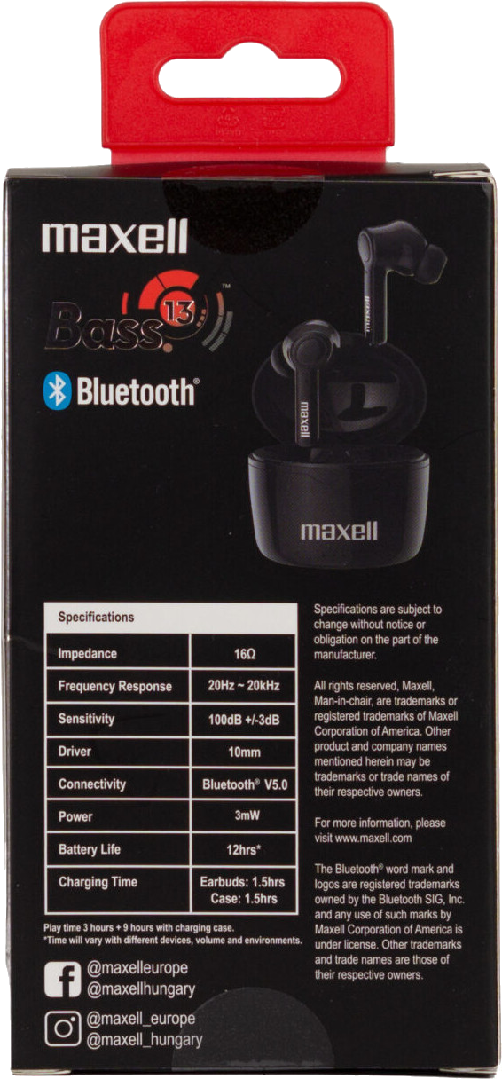 Fekete Maxell Bass 13 Bluetooth fülhallgató.