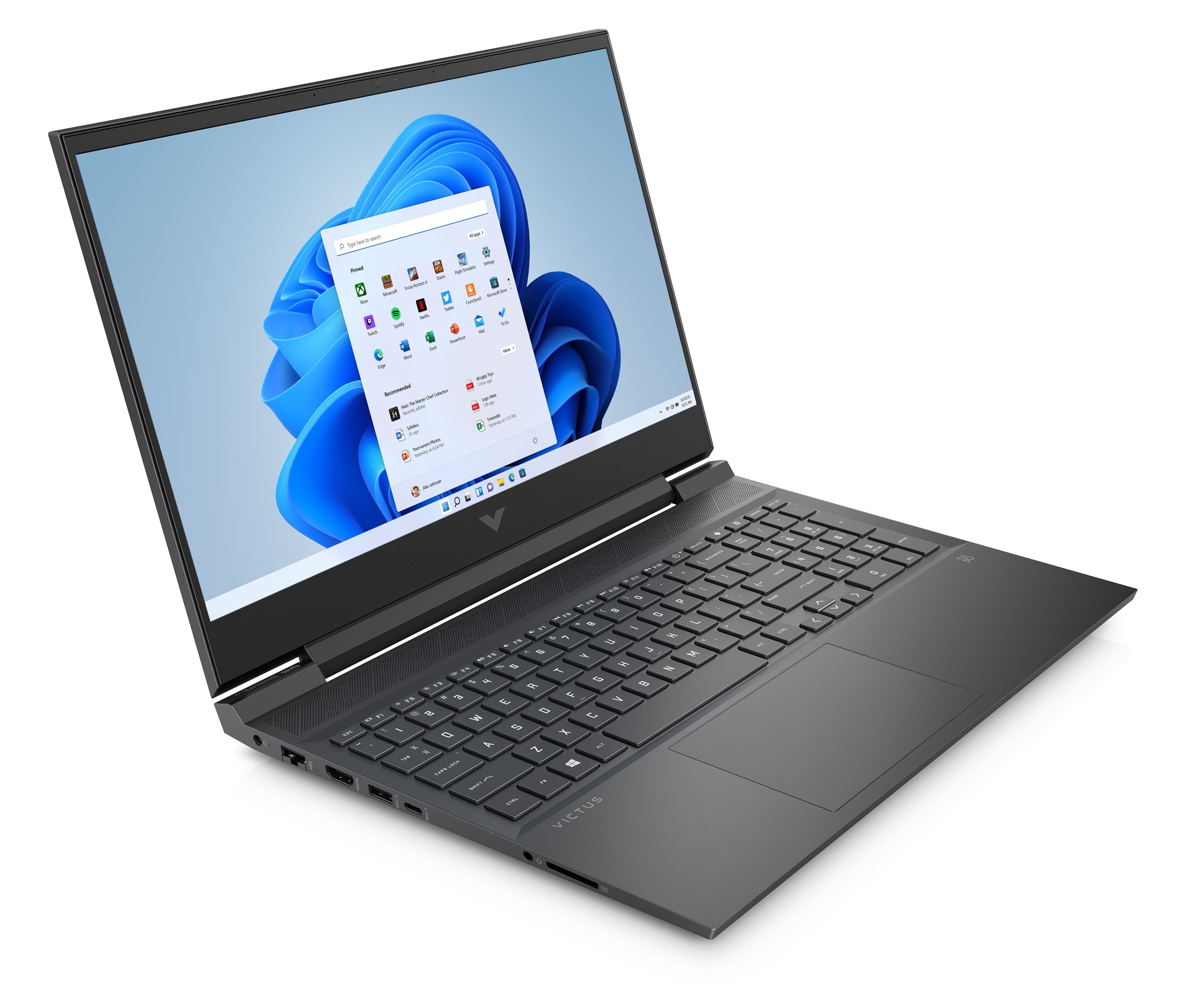 Windows 11 ekranlı siyah dizüstü bilgisayar, açık, açılı görünüm.