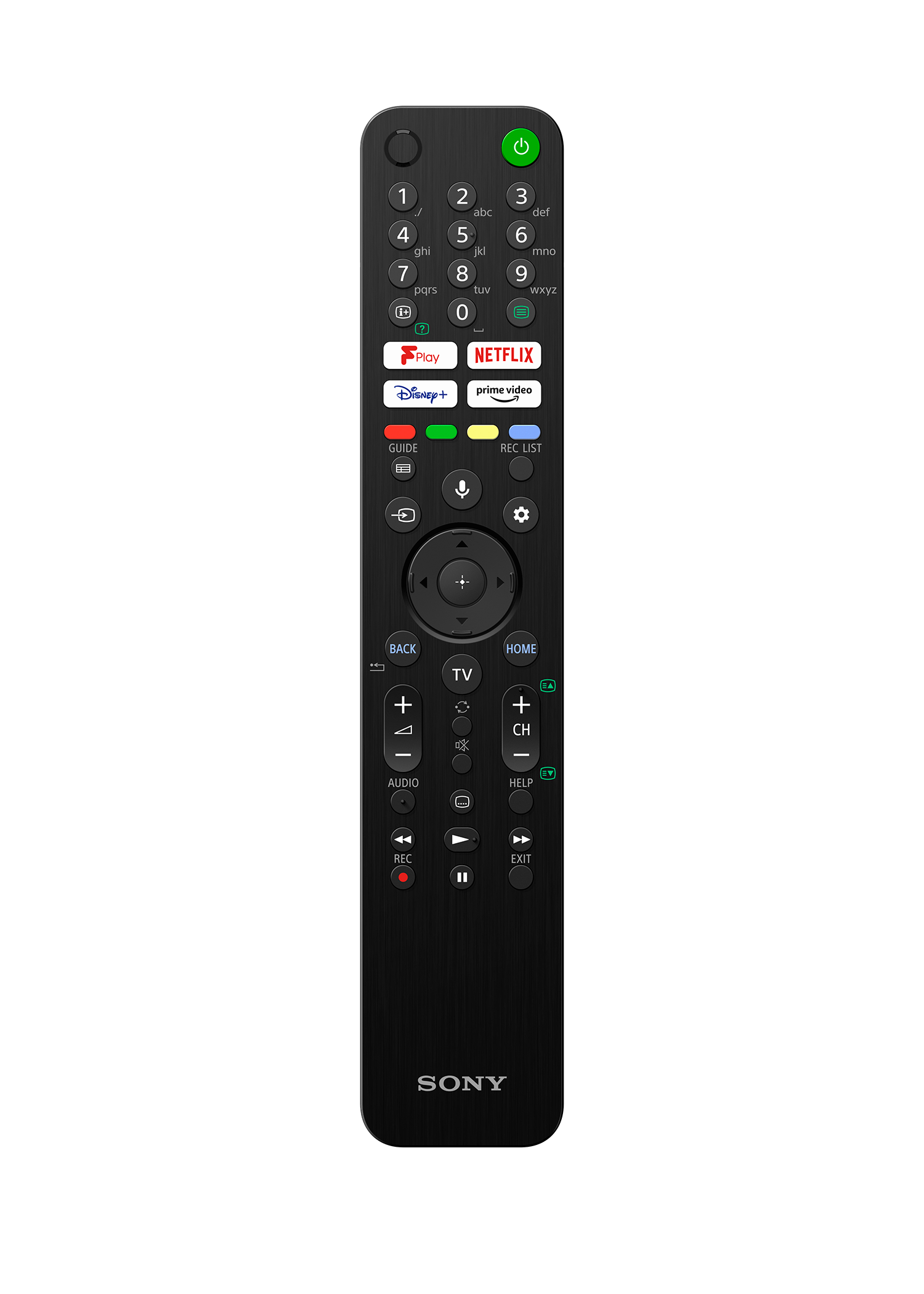 Zwarte Sony afstandsbediening. Veel knoppen, streaming service logo's.