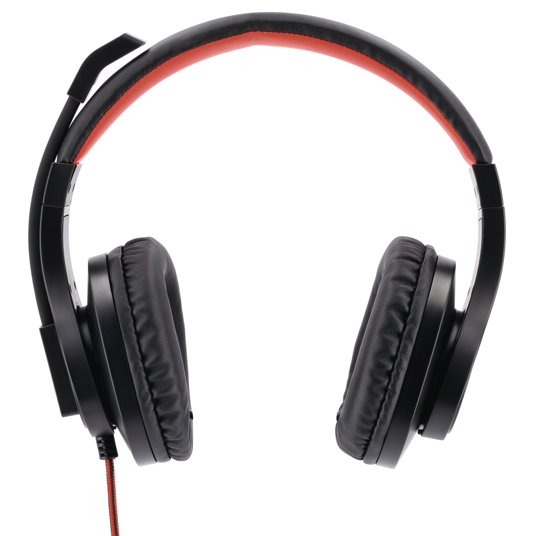 Fekete-piros gamer headset fekete háttéren. Piros kábel látható.