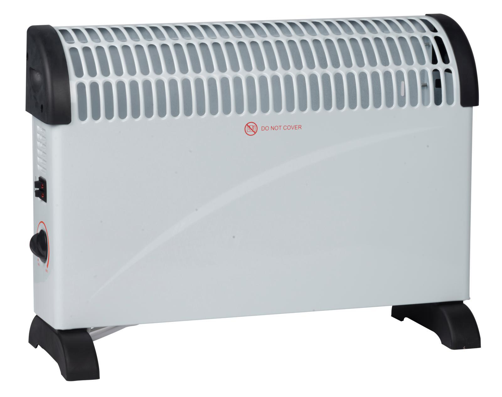 Weißer Elektroheizer mit schwarzen Akzenten und einem roten 'Do Not Cover' Zeichen.