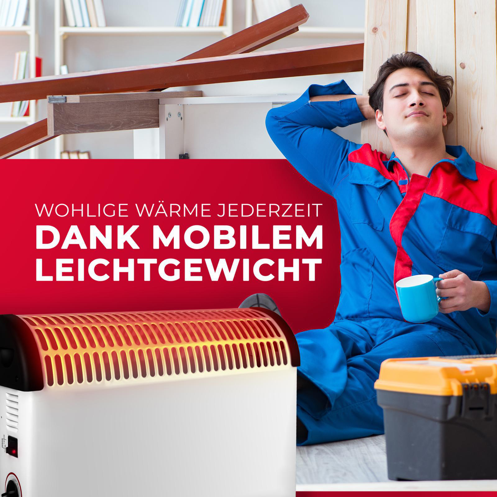 Mann in blauen Overalls mit Tasse, neben Heizung und Werkzeugkasten.