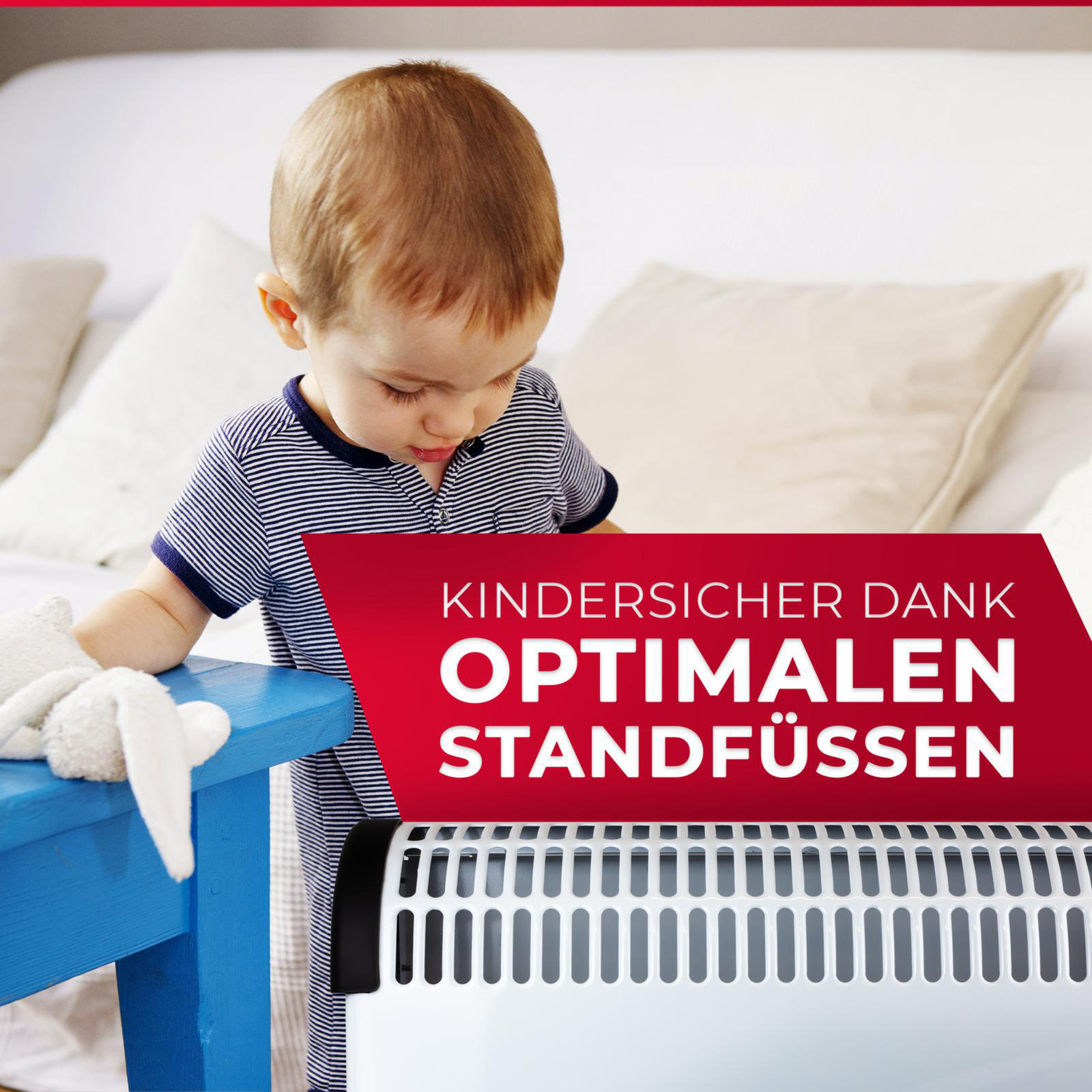 Ein Kind in der Nähe einer Heizung mit Text zur Sicherheit.