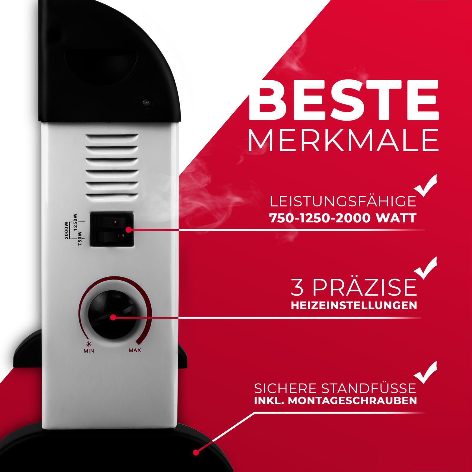 Weißer und schwarzer Heizlüfter auf rotem Hintergrund mit Textbeschriftungen.