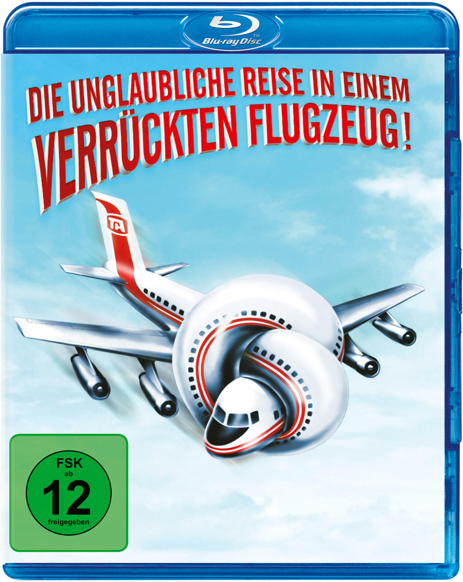Filmcover eines in einem Knoten verdrehten Flugzeugs, mit blauem Hintergrund und grünem FSK 12 Sticker.