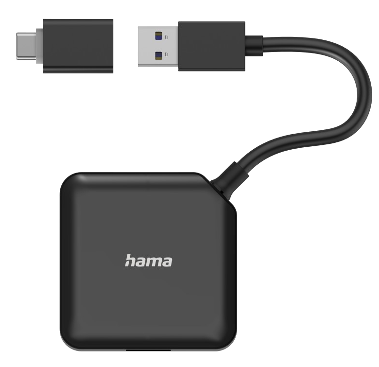 Fekete USB-C-USB-A adapter. Négyzet alakú teste van, USB-A és USB-C csatlakozókkal.
