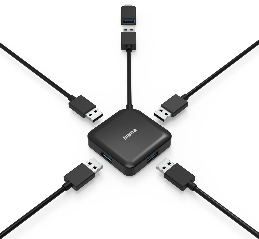 Egy fekete USB hub, több USB kábellel csatlakoztatva, csillag alakban elrendezve.