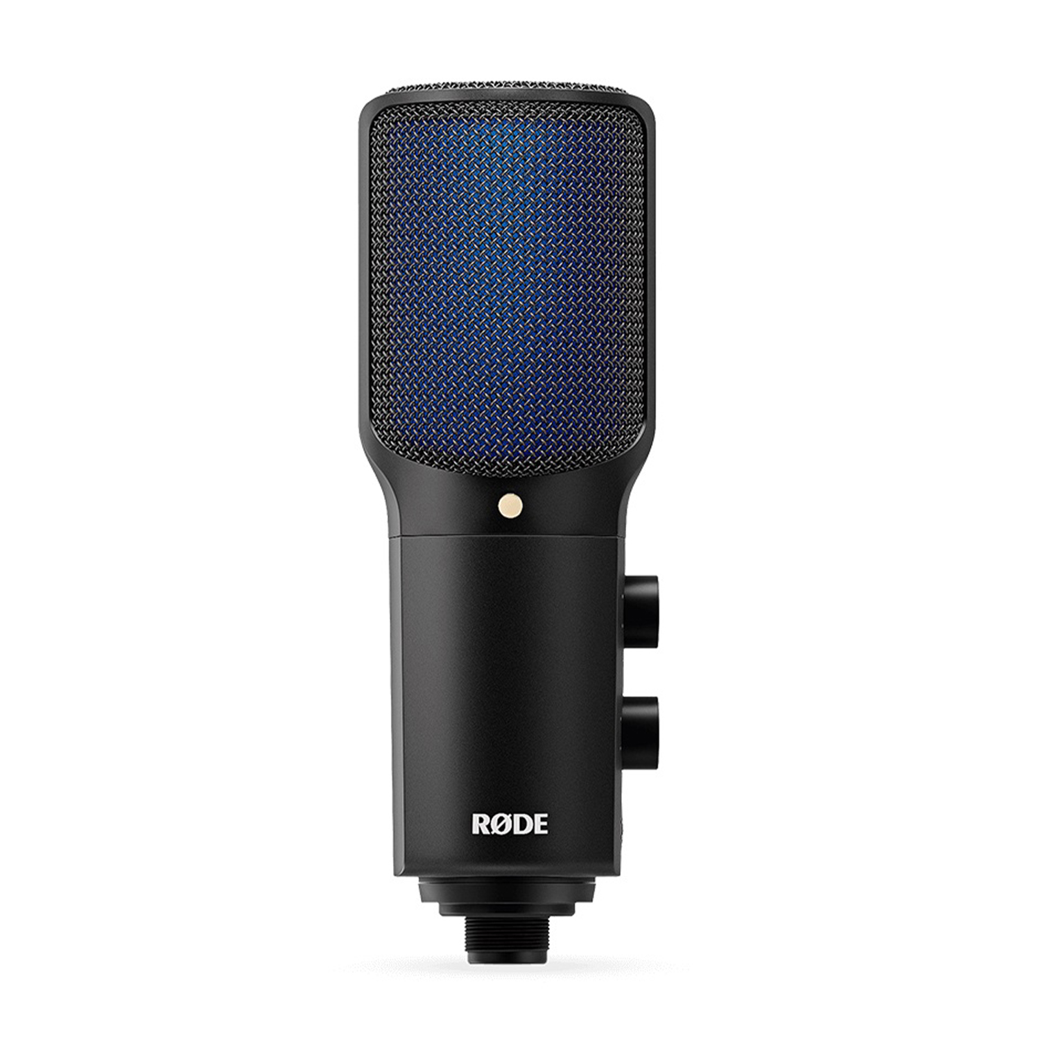 Microfono RØDE nero con griglia illuminata di blu, su sfondo bianco. Ha due manopole.